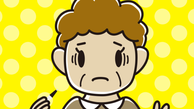 ボールペンを持って困るおばさんのイラスト【色、背景あり】PNG