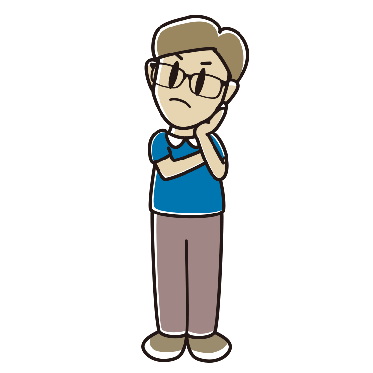 考える眼鏡の男性のイラスト【色あり、背景なし】透過PNG