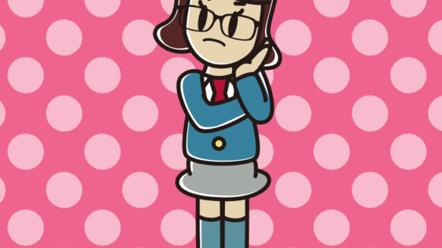 考える眼鏡の女子高校生のイラスト【色、背景あり】PNG