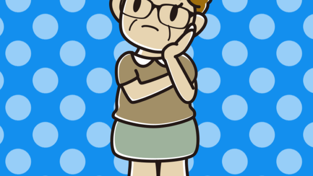 考える眼鏡のおばさんのイラスト【色、背景あり】PNG