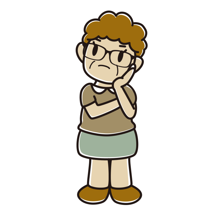 考える眼鏡のおばさんのイラスト【色あり、背景なし】透過PNG