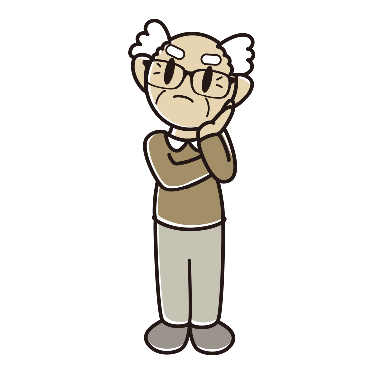 考える眼鏡のおじいさんのイラスト【色あり、背景なし】透過PNG