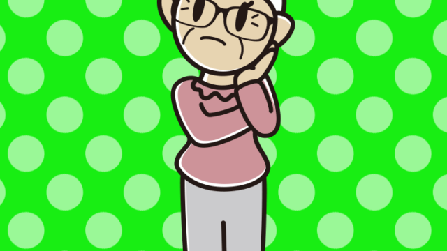 考える眼鏡のおばあさんのイラスト【色、背景あり】PNG