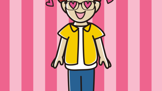 目がハートの眼鏡の男子大学生のイラスト【色、背景あり】PNG