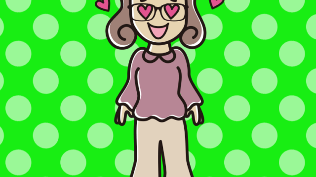 目がハートの眼鏡の女子大学生のイラスト【色、背景あり】PNG