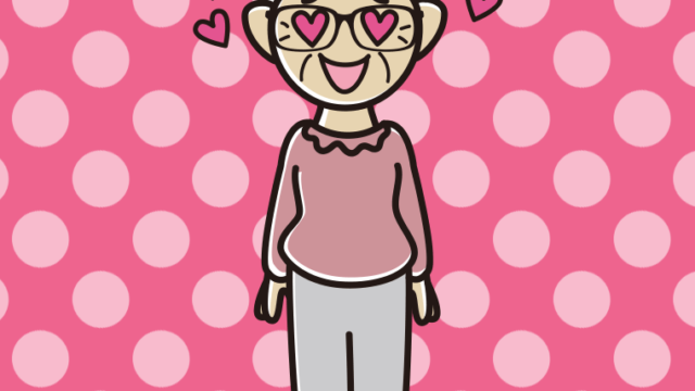 目がハートの眼鏡のおばあさんのイラスト【色、背景あり】PNG