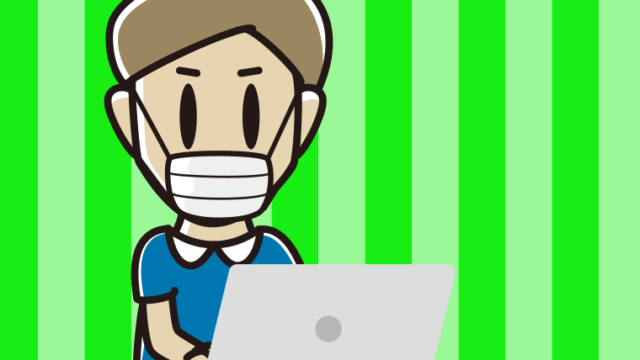 マスクをしてパソコンを使う男性のイラスト【色、背景あり】PNG