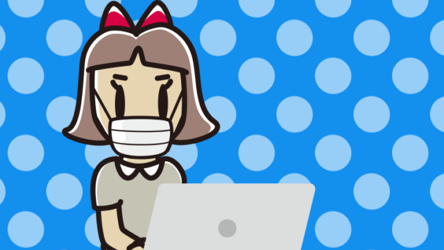 マスクをしてパソコンを使う小学生女子のイラスト【色、背景あり】PNG