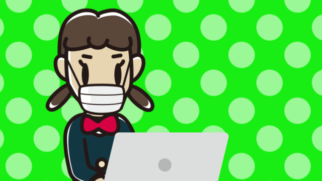 マスクをしてパソコンを使う女子中学生のイラスト【色、背景あり】PNG