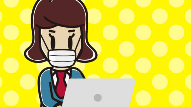 マスクをしてパソコンを使う女子高校生のイラスト【色、背景あり】PNG