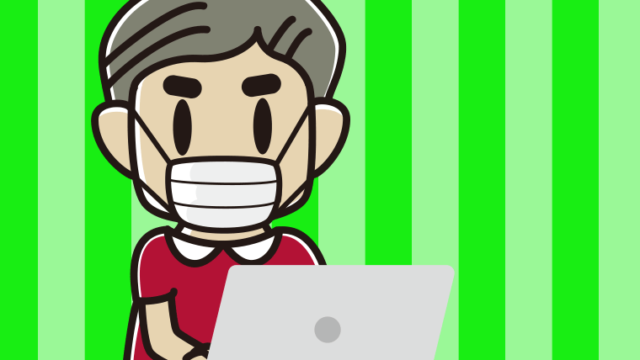 マスクをしてパソコンを使うおじさんのイラスト【色、背景あり】PNG