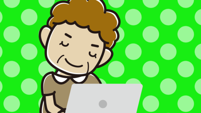 パソコンにお辞儀するおばさんのイラスト【色、背景あり】PNG