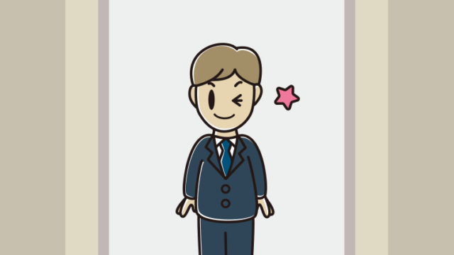 エレベーターでウインクする男性会社員のイラスト【色、背景あり】PNG