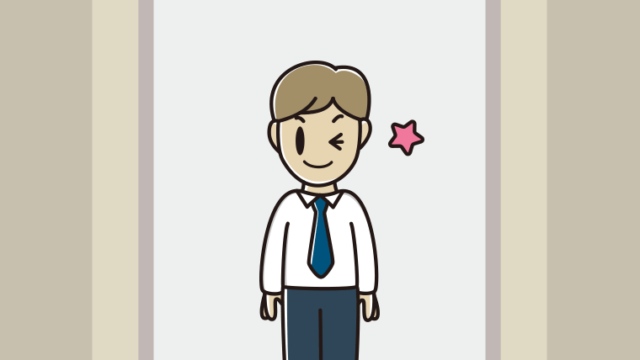 エレベーターでウインクする男性会社員（ワイシャツ）のイラスト【色、背景あり】PNG