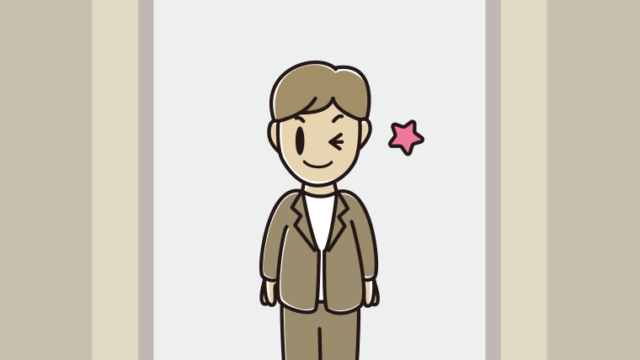 エレベーターでウインクする男性会社員（カジュアル）のイラスト【色、背景あり】PNG