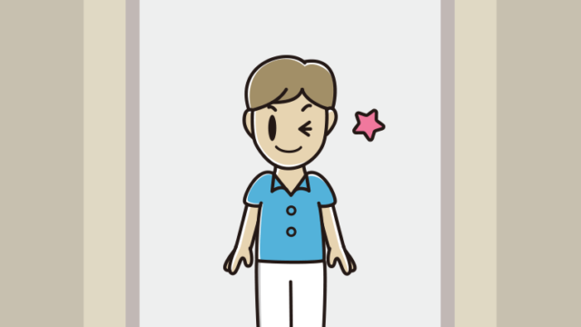 エレベーターでウインクする男性会社員（クールビズ）のイラスト【色、背景あり】PNG