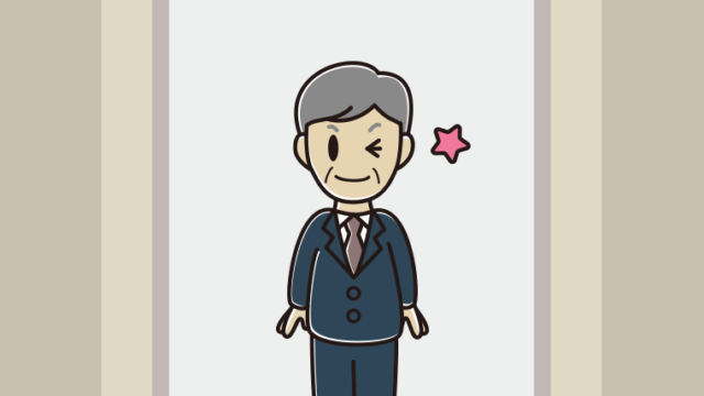 エレベーターでウインクする年配男性会社員のイラスト【色、背景あり】PNG