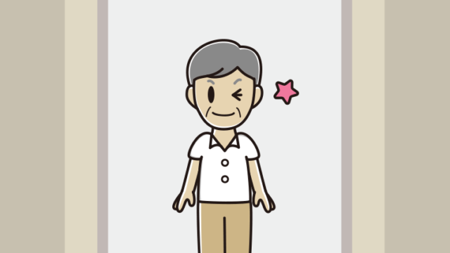 エレベーターでウインクする年配男性会社員（クールビズ）のイラスト【色、背景あり】PNG