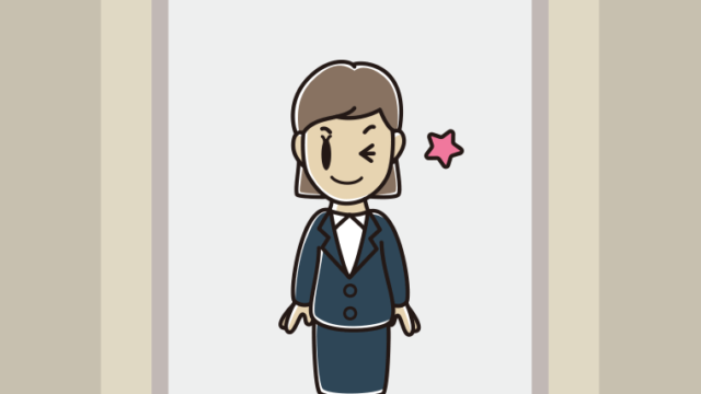 エレベーターでウインクする女性会社員のイラスト【色、背景あり】PNG