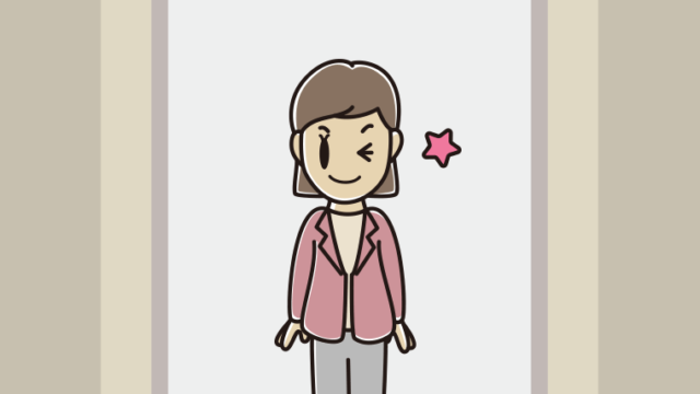 エレベーターでウインクする女性会社員（カジュアル）のイラスト【色、背景あり】PNG