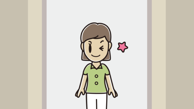 エレベーターでウインクする女性会社員（クールビズ）のイラスト【色、背景あり】PNG