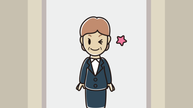 エレベーターでウインクする年配女性会社員のイラスト【色、背景あり】PNG