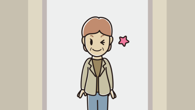 エレベーターでウインクする年配女性会社員（カジュアル）のイラスト【色、背景あり】PNG