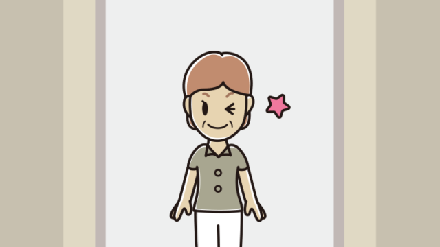 エレベーターでウインクする年配女性会社員（クールビズ）のイラスト【色、背景あり】PNG