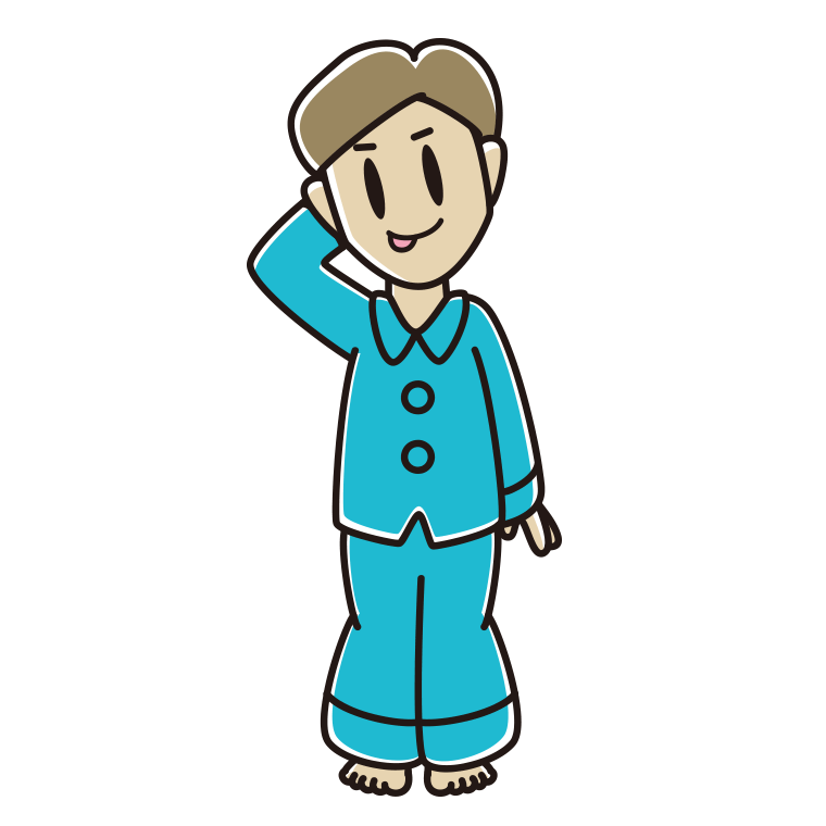 テヘヘなパジャマの男性のイラスト【色あり、背景なし】透過PNG