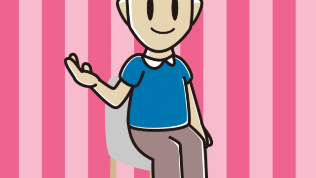 椅子で案内する男性のイラスト【色、背景あり】PNG