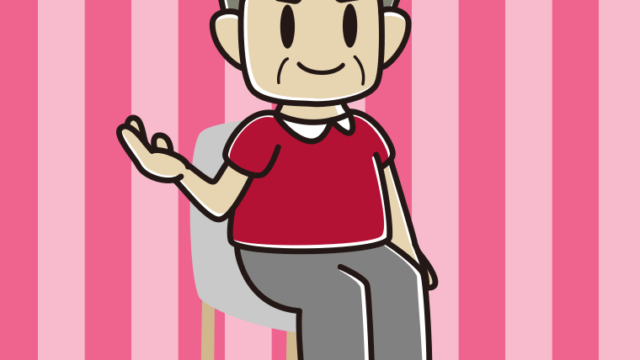 椅子で案内するおじさんのイラスト【色、背景あり】PNG