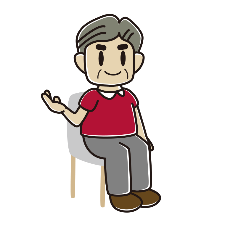 椅子で案内するおじさんのイラスト【色あり、背景なし】透過PNG