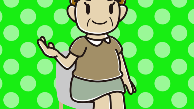 椅子で案内するおばさんのイラスト【色、背景あり】PNG