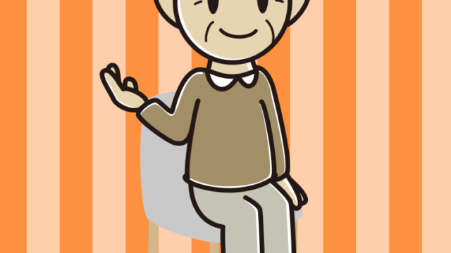 椅子で案内するおじいさんのイラスト【色、背景あり】PNG