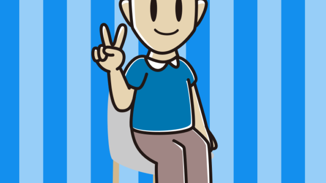 椅子でピースをする男性のイラスト【色、背景あり】PNG