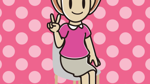 椅子でピースをする女性のイラスト【色、背景あり】PNG
