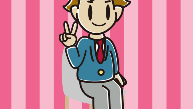 椅子でピースをする男子高校生のイラスト【色、背景あり】PNG