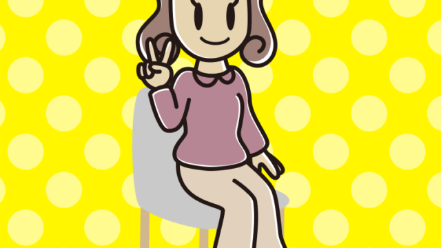 椅子でピースをする女子大学生のイラスト【色、背景あり】PNG