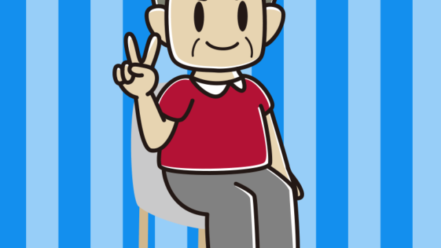 椅子でピースをするおじさんのイラスト【色、背景あり】PNG