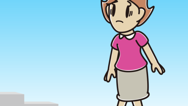 困って階段を上る女性のイラスト【色、背景あり】PNG
