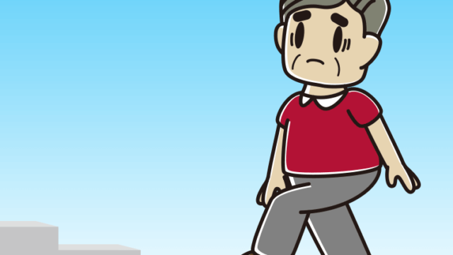 困って階段を上るおじさんのイラスト【色、背景あり】PNG