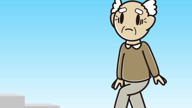 困って階段を上るおじいさんのイラスト【色、背景あり】PNG