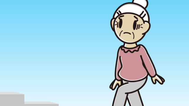 困って階段を上るおばあさんのイラスト【色、背景あり】PNG