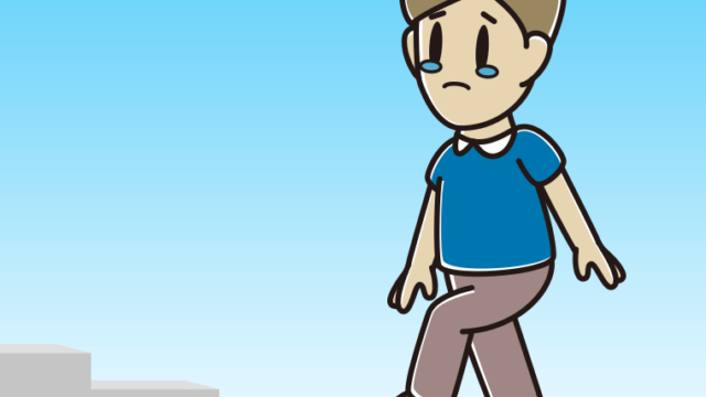 泣きながら階段を上る男性のイラスト【色、背景あり】PNG