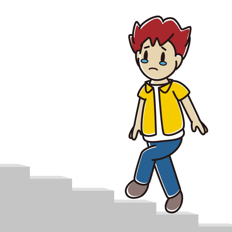 泣きながら階段を上る男子大学生のイラスト【色あり、背景なし】透過PNG