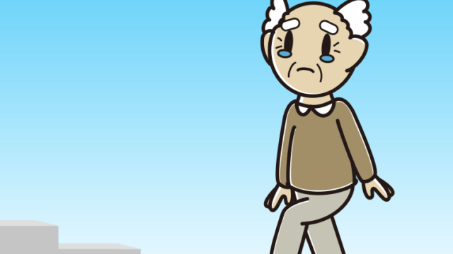 泣きながら階段を上るおじいさんのイラスト【色、背景あり】PNG