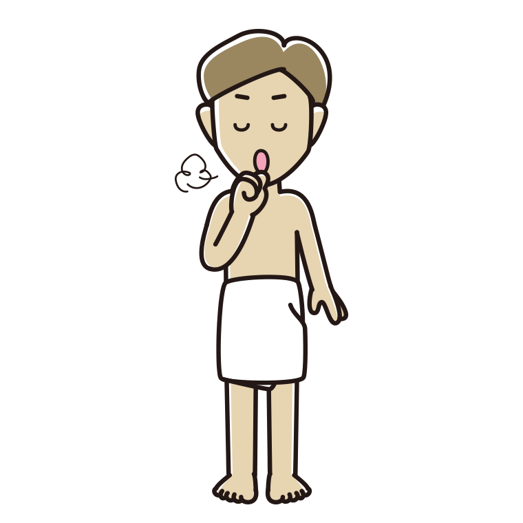 咳払いするバスタオル姿の男性のイラスト【色あり、背景なし】透過PNG