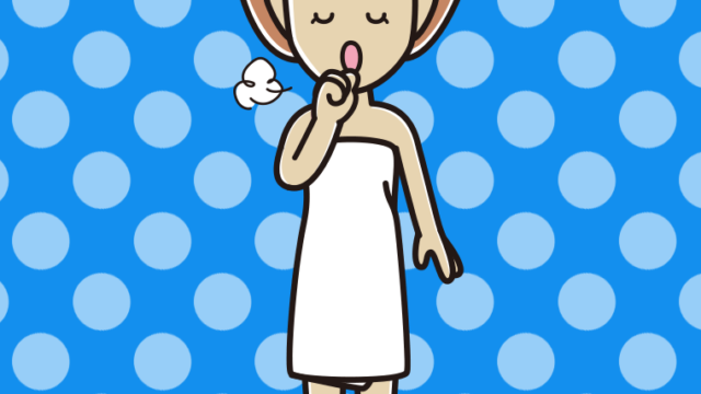 咳払いするバスタオル姿の女性のイラスト【色、背景あり】PNG