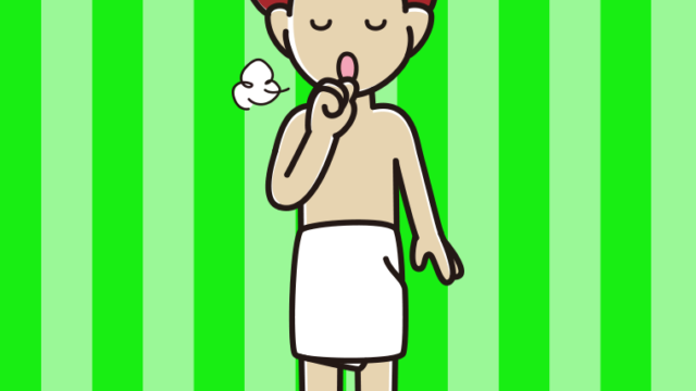 咳払いするバスタオル姿の男子大学生のイラスト【色、背景あり】PNG