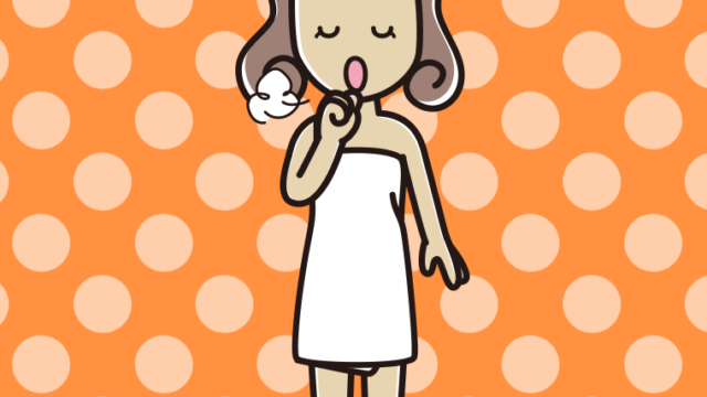 咳払いするバスタオル姿の女子大学生のイラスト【色、背景あり】PNG